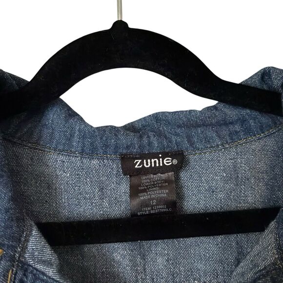 Zunie Dress Girls 12 Blue Denim Floral roll sleeve collared prairie farm casual - Picture 4 of 9